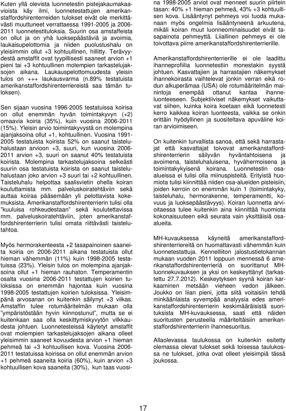 Terävyydestä amstaffit ovat tyypillisesti saaneet arvion +1 pieni tai +3 kohtuullinen molempien tarkastelujaksojen aikana. Laukauspelottomuudesta yleisin tulos on +++ laukausvarma (n.