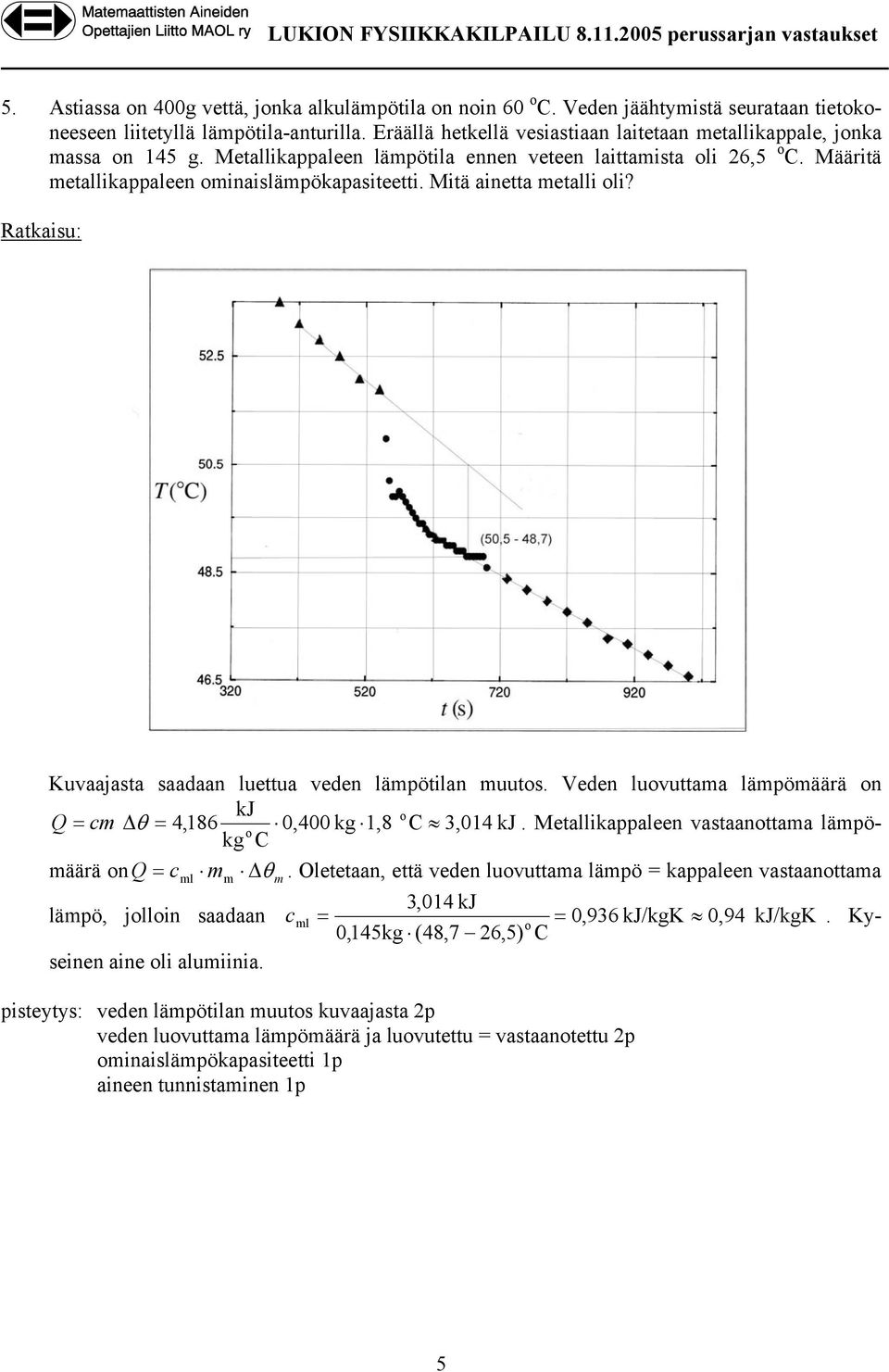 Veden luuttaa läpöäärä n J Q c θ 4,86 0,400 g,8 C 3,04 J. Metalliappaleen ataanttaa läpöäärä nq c θ.