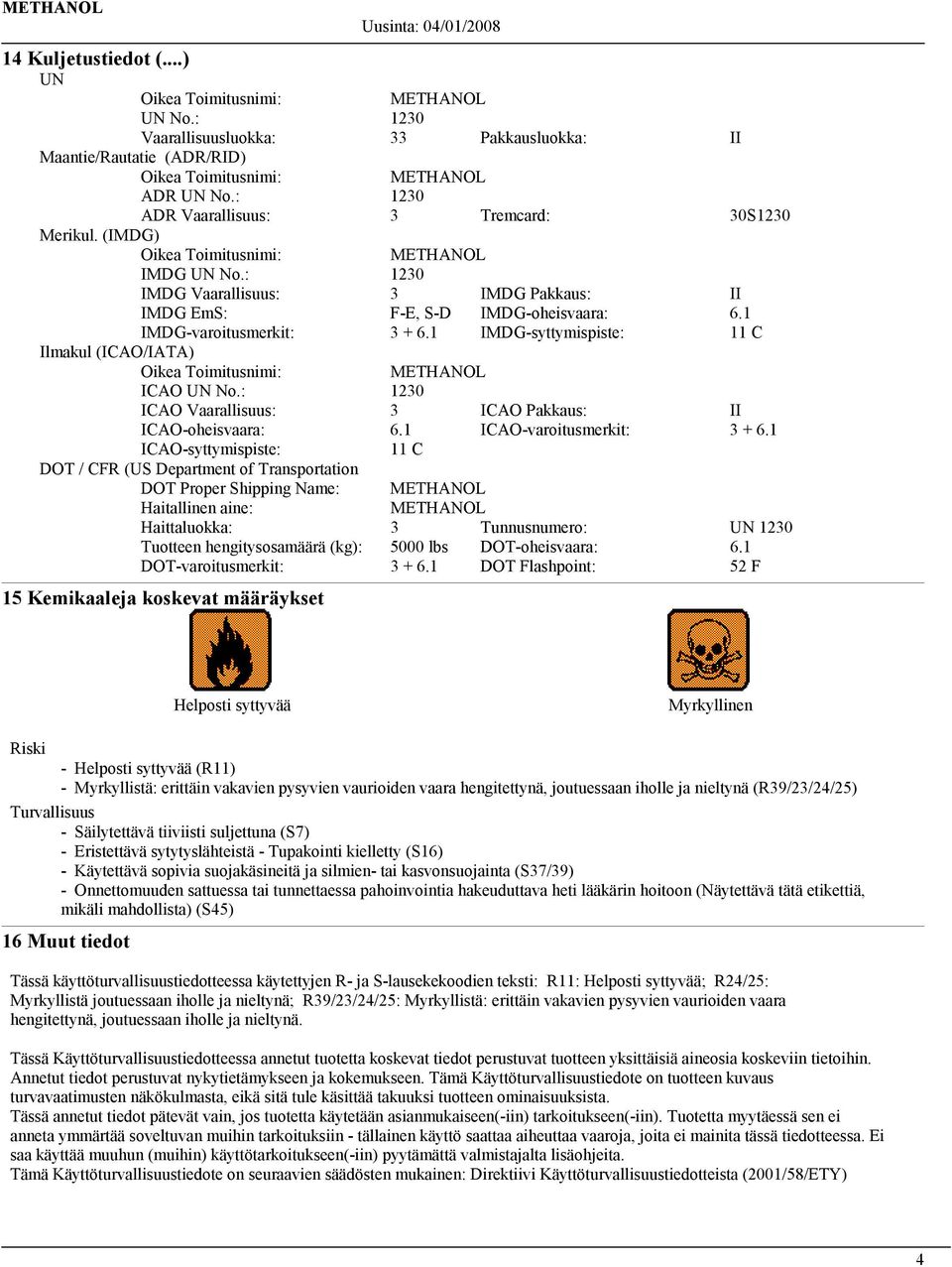 : 1230 ICAO Vaarallisuus: 3 ICAO Pakkaus: II ICAO-oheisvaara: 6.1 ICAO-varoitusmerkit: 3 + 6.