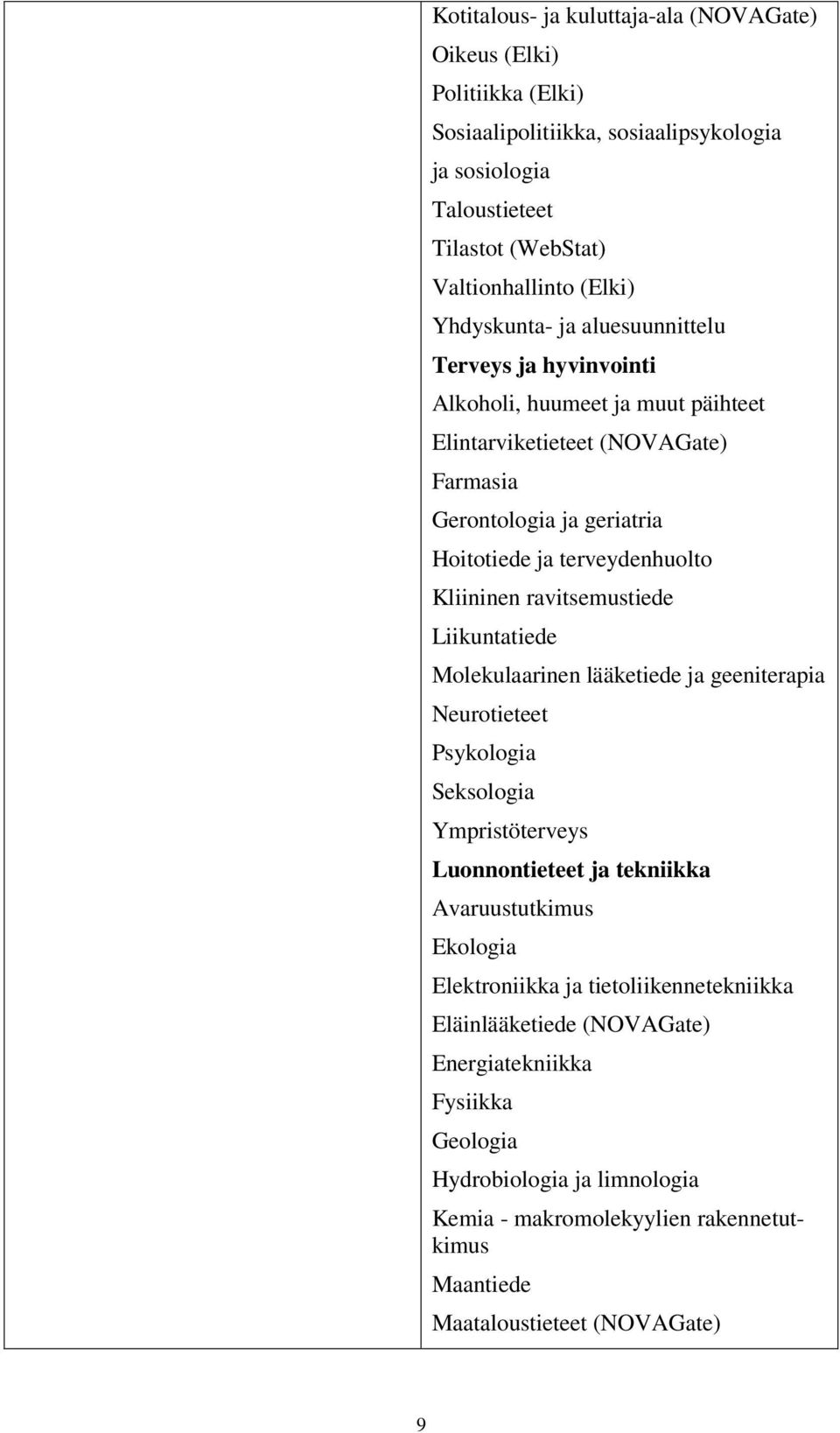 Kliininen ravitsemustiede Liikuntatiede Molekulaarinen lääketiede ja geeniterapia Neurotieteet Psykologia Seksologia Ympristöterveys Luonnontieteet ja tekniikka Avaruustutkimus Ekologia