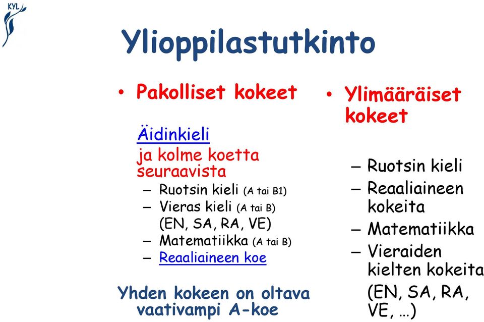 Reaaliaineen koe Yhden kokeen on oltava vaativampi A-koe Ylimääräiset kokeet
