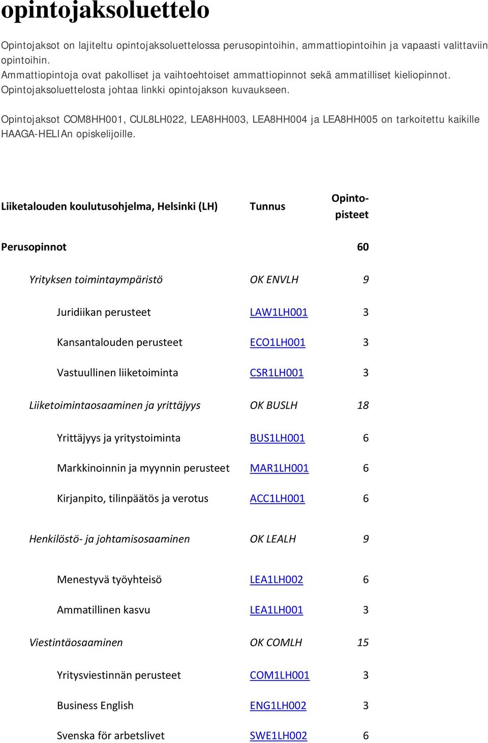 Opintojaksot COM8HH001, CUL8LH022, LEA8HH003, LEA8HH004 ja LEA8HH005 on tarkoitettu kaikille HAAGA-HELIAn opiskelijoille.