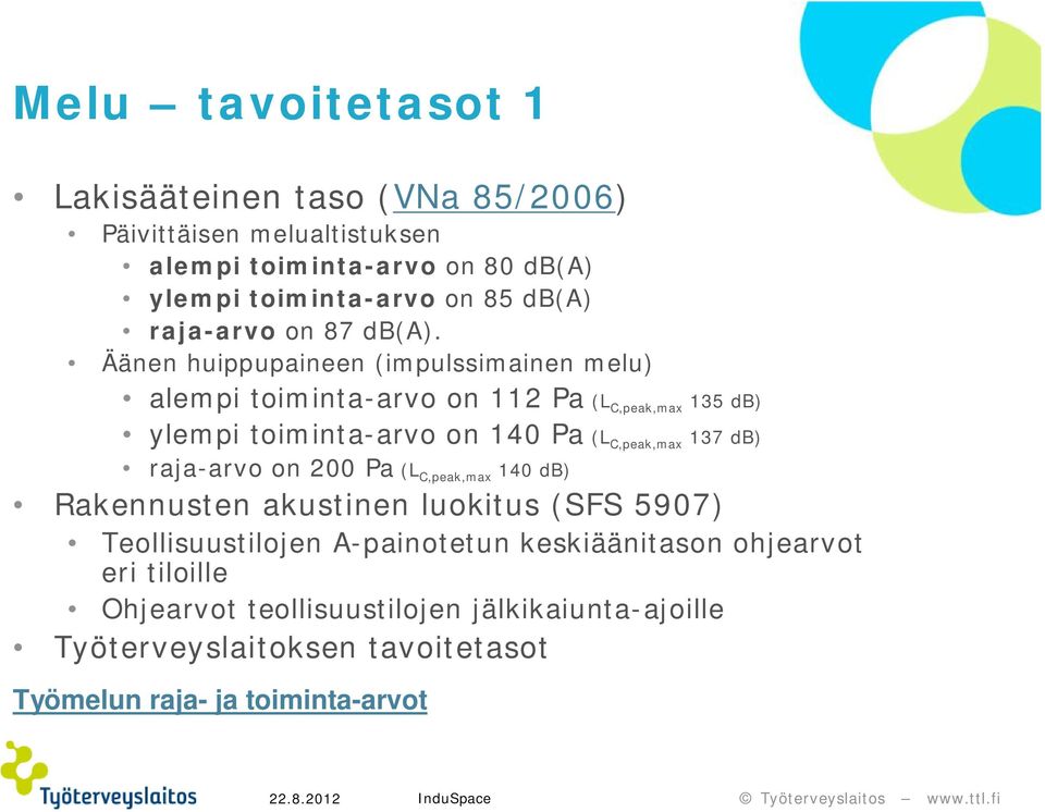 Äänen huippupaineen (impulssimainen melu) alempi toiminta-arvo on 112 Pa (L C,peak,max 135 db) ylempi toiminta-arvo on 140 Pa (L C,peak,max 137