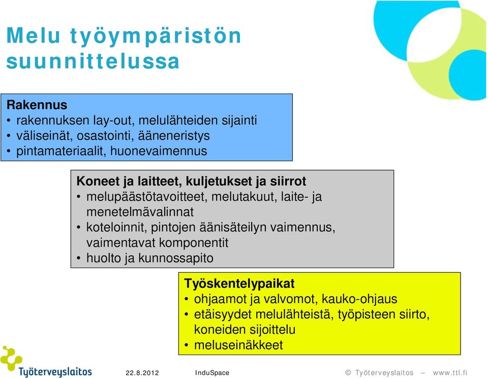 melutakuut, laite- ja menetelmävalinnat koteloinnit, pintojen äänisäteilyn vaimennus, vaimentavat komponentit huolto ja