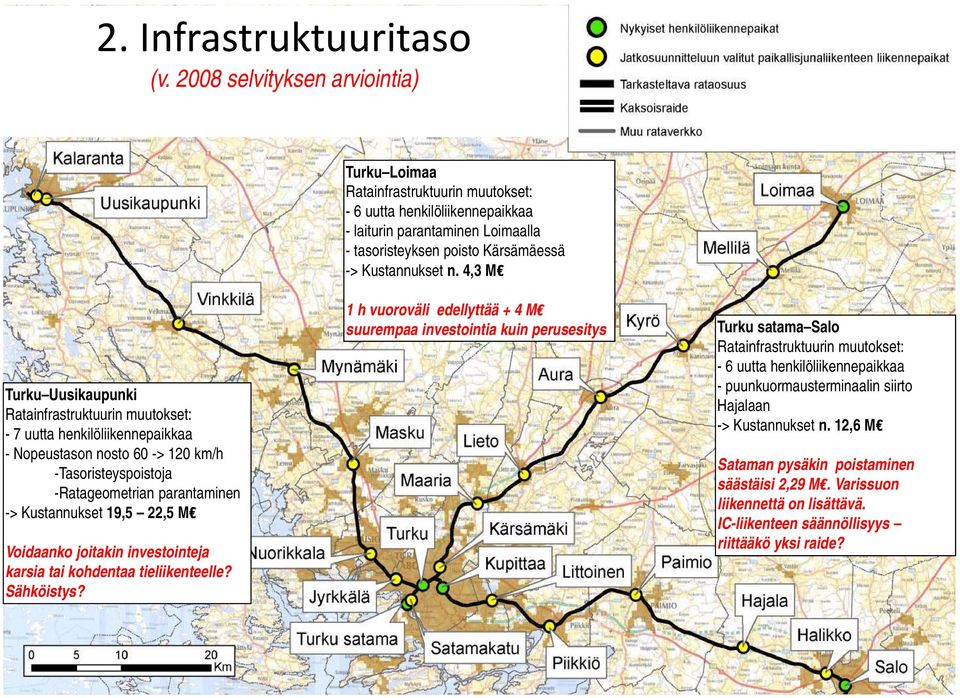 4,3 M Turku Uusikaupunki Ratainfrastruktuurin muutokset: - 7 uutta henkilöliikennepaikkaa - Nopeustason nosto 60 -> 120 km/h -Tasoristeyspoistoja -Ratageometrian parantaminen -> Kustannukset 19,5