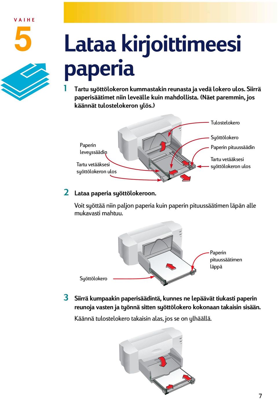 ) Tulostelokero Paperin leveyssäädin Tartu vetääksesi syöttölokeron ulos Syöttölokero Paperin pituussäädin Tartu vetääksesi syöttölokeron ulos 2 Lataa paperia syöttölokeroon.