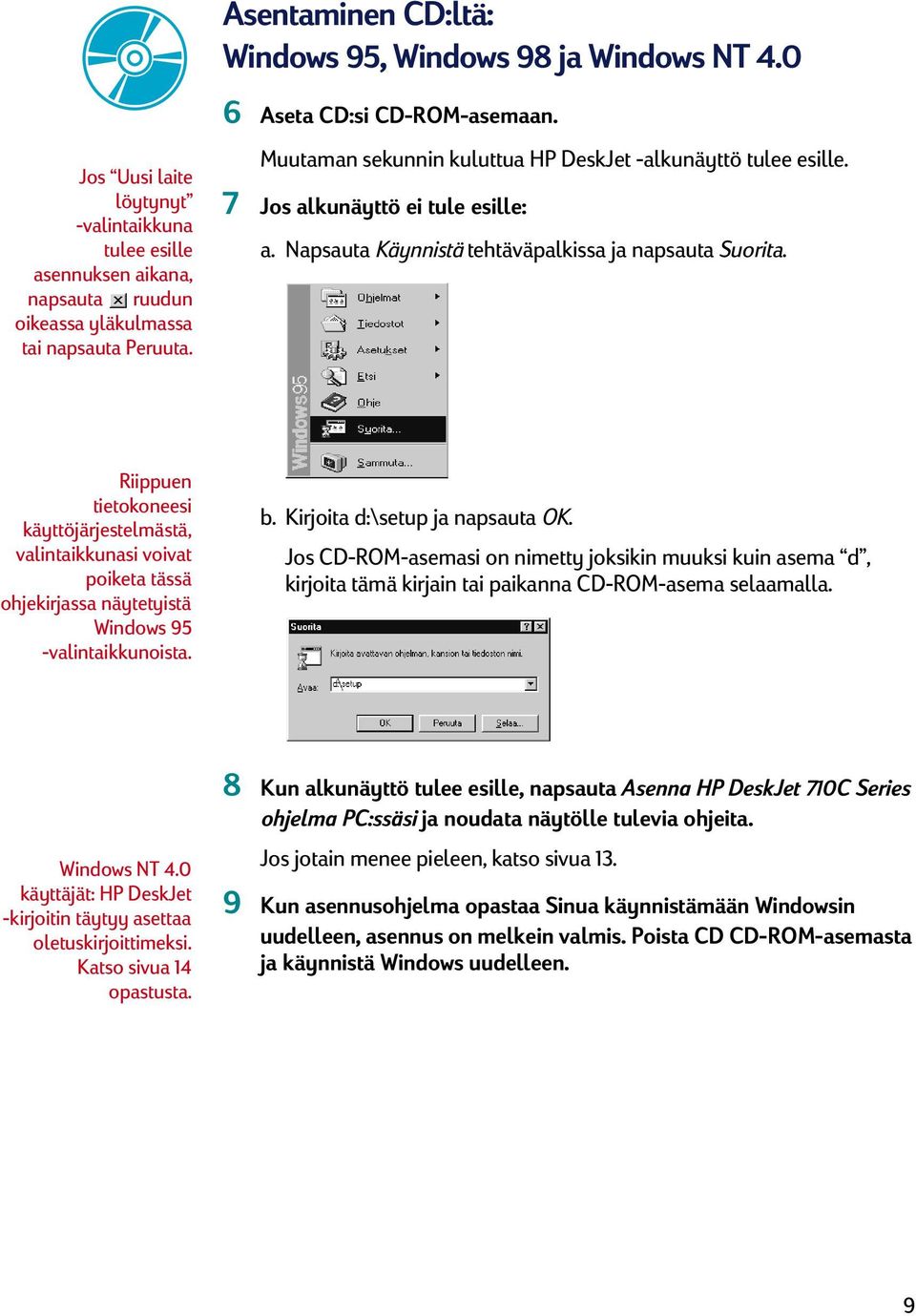 Riippuen tietokoneesi käyttöjärjestelmästä, valintaikkunasi voivat poiketa tässä ohjekirjassa näytetyistä Windows 95 -valintaikkunoista. b. Kirjoita d:\setup ja napsauta OK.