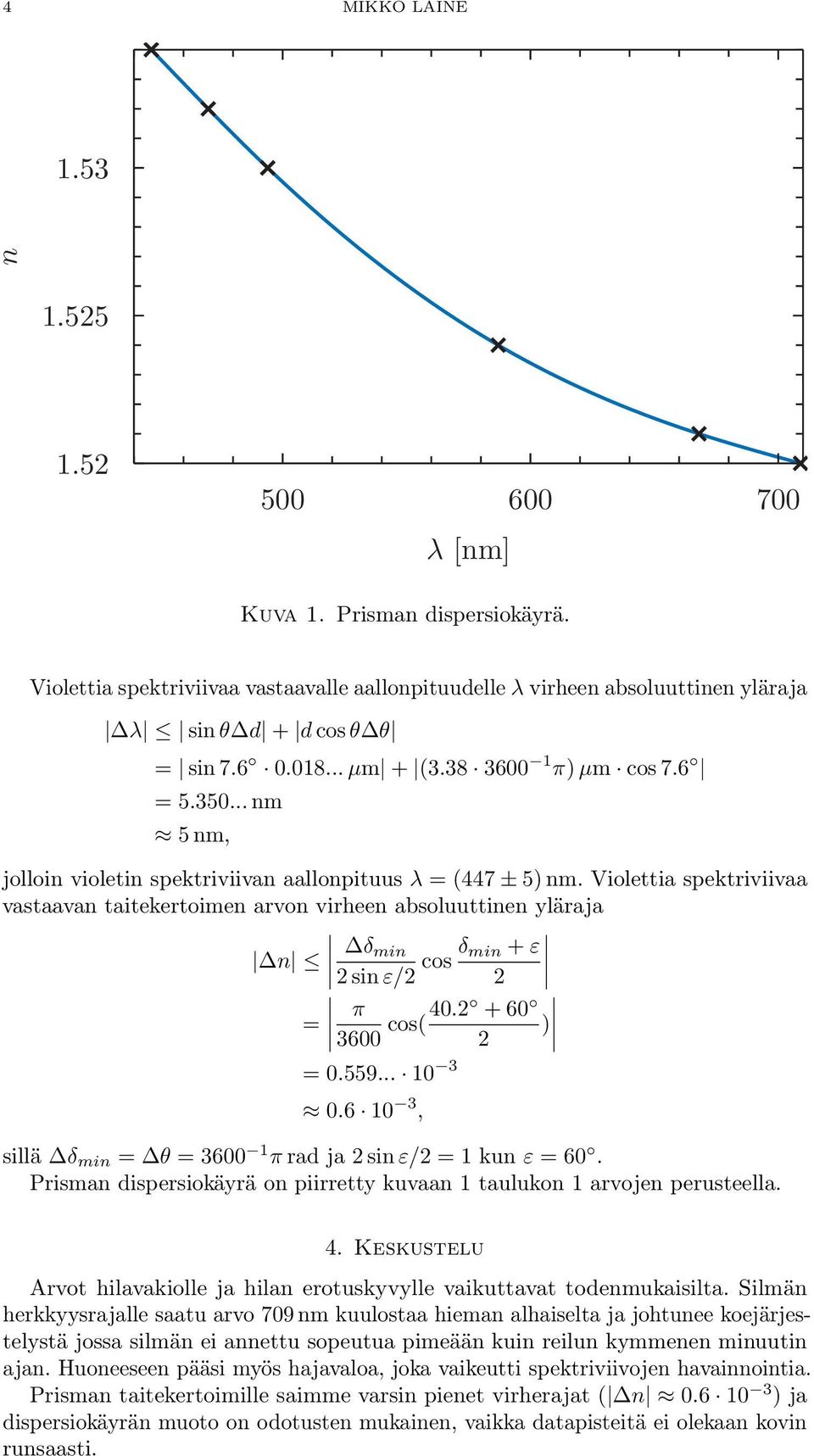 Violettia spektriviivaa vastaavan taitekertoimen arvon virheen absoluuttinen yläraja n δ min sin ε/ cos δ min + ε π + 60 3600 cos(40. ) 0.559... 0 3 0.6 0 3, sillä δ min 3600 π rad ja sin ε/ kun ε 60.
