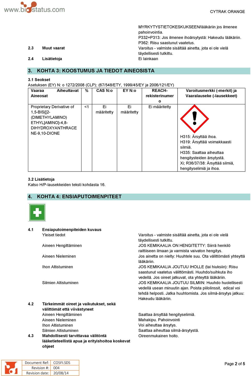 1 Seokset Asetuksen (EY) N: o 1272/2008 (CLP); (67/548/ETY, 1999/45/EY ja 2006/121/EY) Vaaraa Aiheuttavat % CAS N:o EY N:o REACHrekisterinumer Aineosat o Proprietary Derivative of <1 Ei Ei