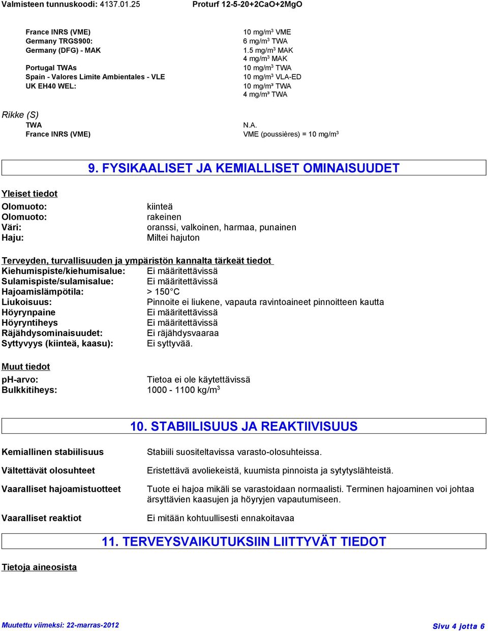 FYSIKAALISET JA KEMIALLISET OMINAISUUDET Yleiset tiedot Olomuoto: Olomuoto: Väri: Haju: kiinteä rakeinen oranssi, valkoinen, harmaa, punainen Miltei hajuton Terveyden, turvallisuuden ja ympäristön