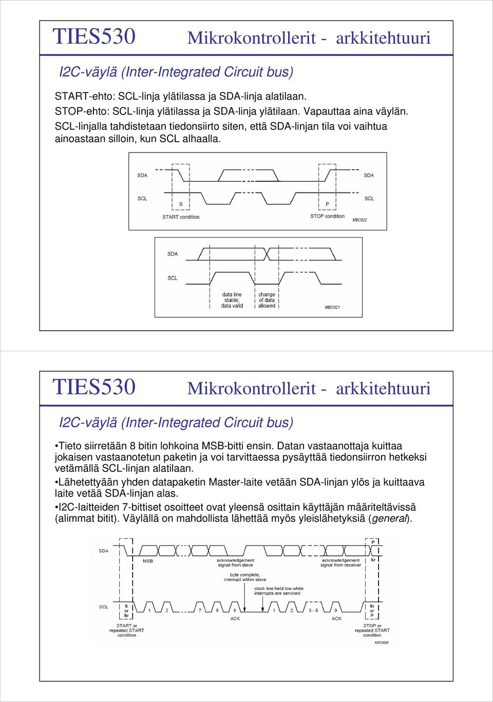 I2C-väylä (Inter-Integrated Circuit bus) Tieto siirretään 8 bitin lohkoina MSB-bitti ensin.