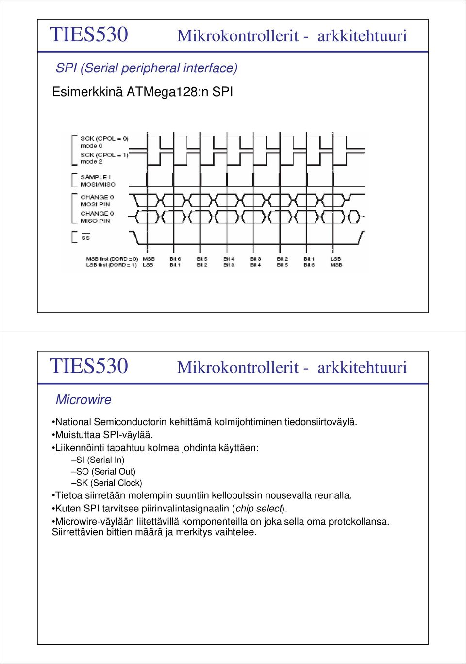 Liikennöinti tapahtuu kolmea johdinta käyttäen: SI (Serial In) SO (Serial Out) SK (Serial Clock) Tietoa siirretään molempiin