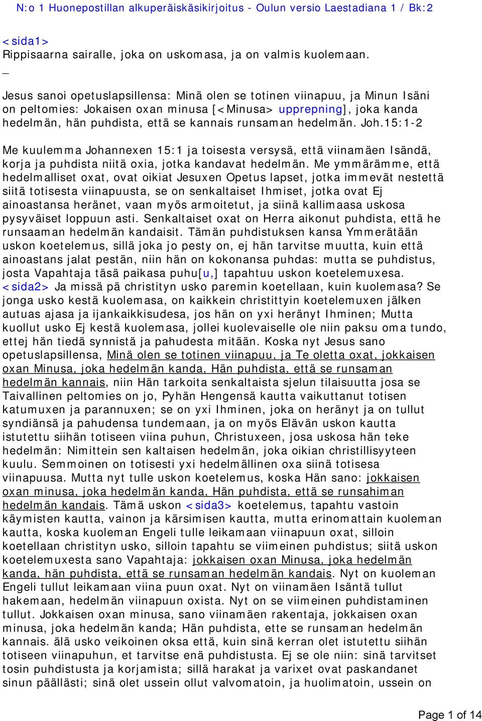 hedelmän. Joh.15:1-2 Me kuulemma Johannexen 15:1 ja toisesta versysä, että viinamäen Isändä, korja ja puhdista niitä oxia, jotka kandavat hedelmän.