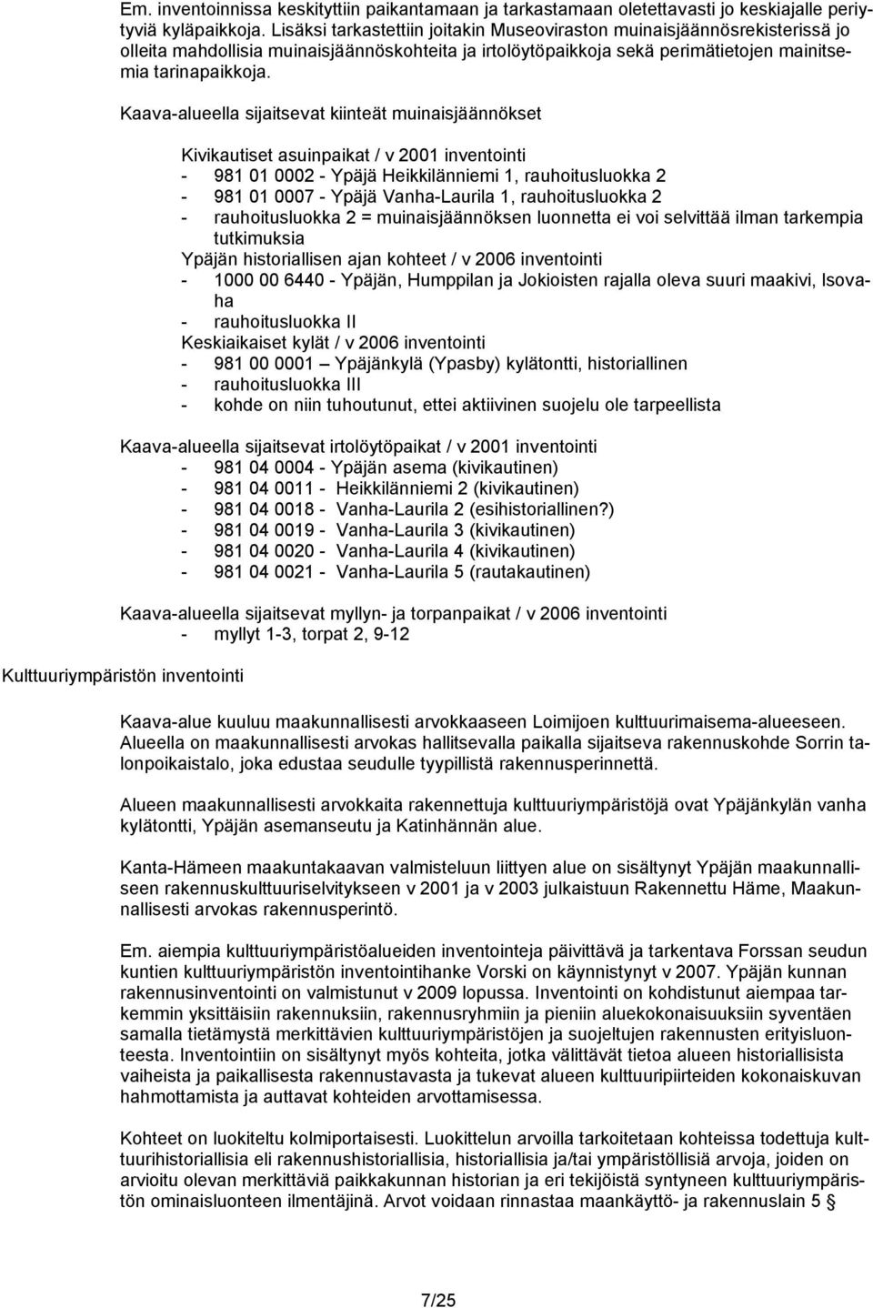 Kaava-alueella sijaitsevat kiinteät muinaisjäännökset Kivikautiset asuinpaikat / v 2001 inventointi - 981 01 0002 - Ypäjä Heikkilänniemi 1, rauhoitusluokka 2-981 01 0007 - Ypäjä Vanha-Laurila 1,