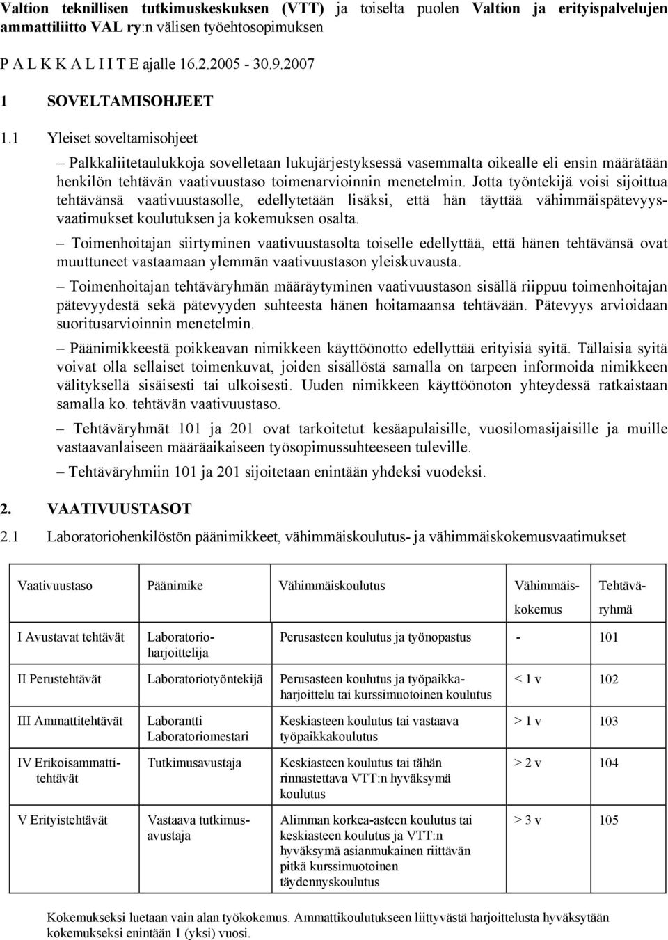 1 Yleiset soveltamisohjeet Palkkaliitetaulukkoja sovelletaan lukujärjestyksessä vasemmalta oikealle eli ensin määrätään henkilön tehtävän vaativuustaso toimenarvioinnin menetelmin.