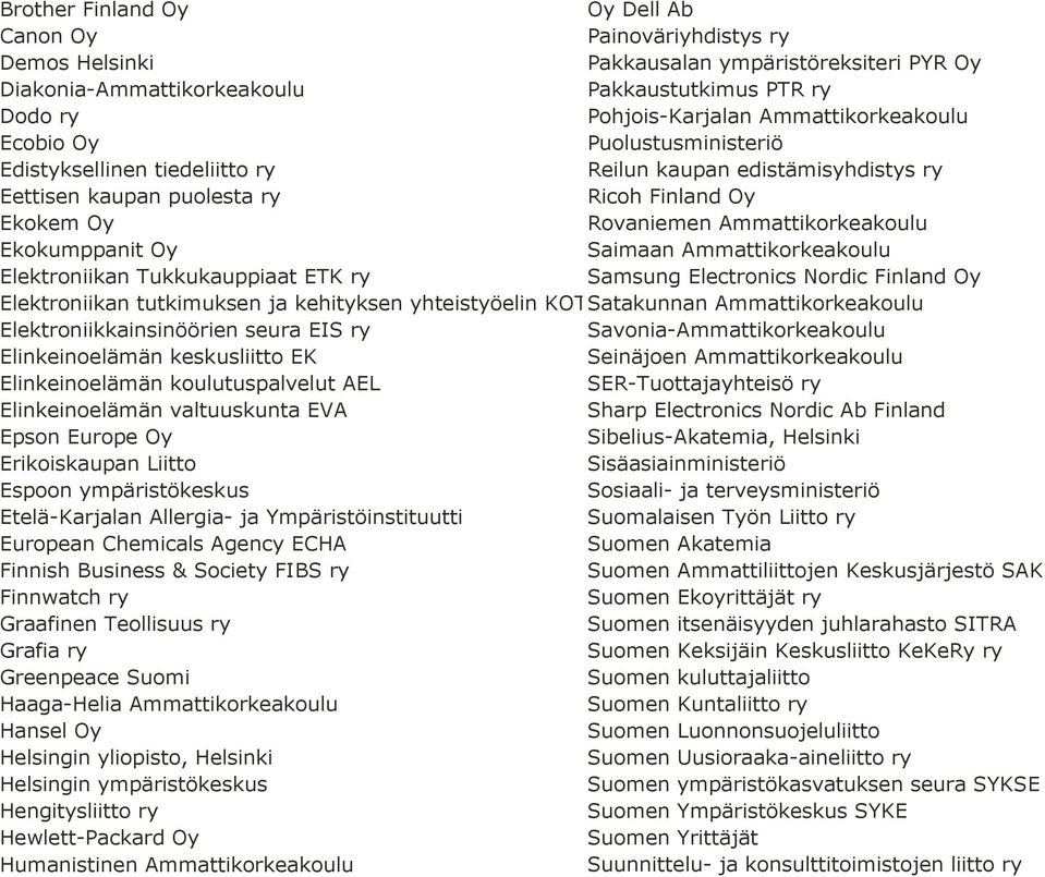 Ekokumppanit Oy Saimaan Ammattikorkeakoulu Elektroniikan Tukkukauppiaat ETK ry Samsung Electronics Nordic Finland Oy Elektroniikan tutkimuksen ja kehityksen yhteistyöelin KOTEL Satakunnan ry