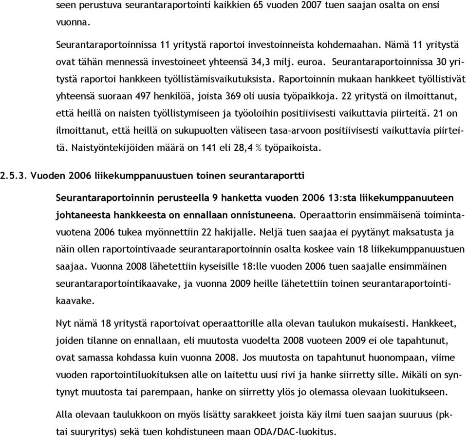 Raportoinnin mukaan hankkeet työllistivät yhteensä suoraan 497 henkilöä, joista 369 oli uusia työpaikkoja.