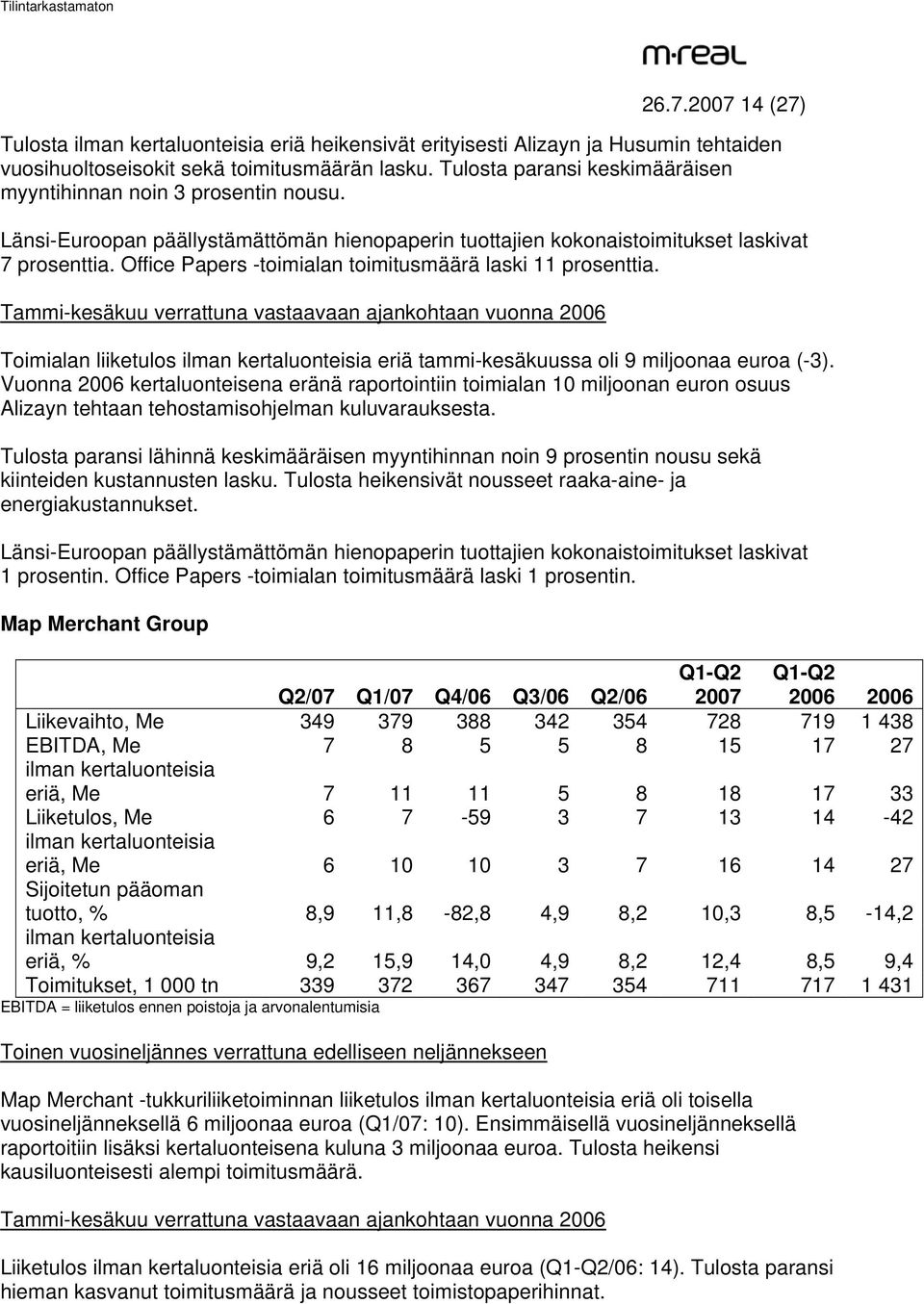 Tammi-kesäkuu verrattuna vastaavaan ajankohtaan vuonna 2006 Toimialan liiketulos eriä tammi-kesäkuussa oli 9 miljoonaa euroa (-3).