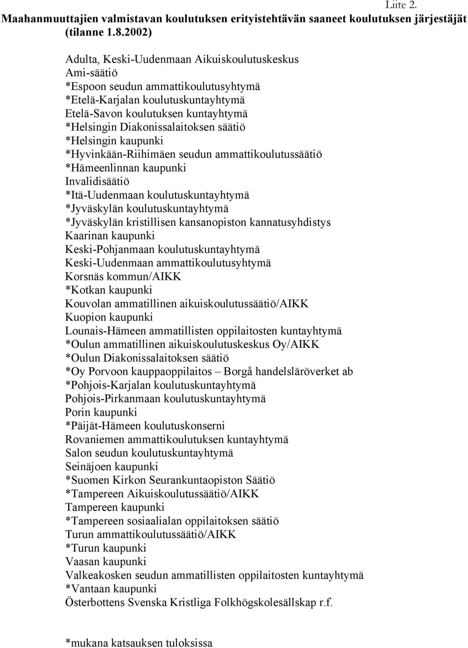 Diakonissalaitoksen säätiö *Helsingin kaupunki *Hyvinkään-Riihimäen seudun ammattikoulutussäätiö *Hämeenlinnan kaupunki Invalidisäätiö *Itä-Uudenmaan koulutuskuntayhtymä *Jyväskylän