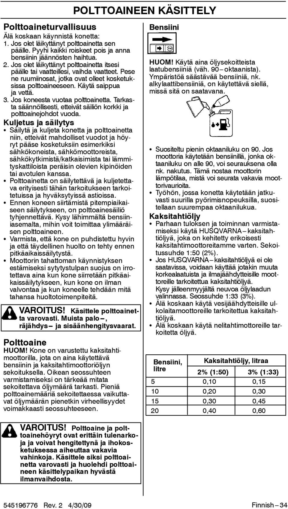 Jos koneesta vuotaa polttoainetta. Tarkasta säännöllisesti, etteivät säiliön korkki ja polttoainejohdot vuoda.
