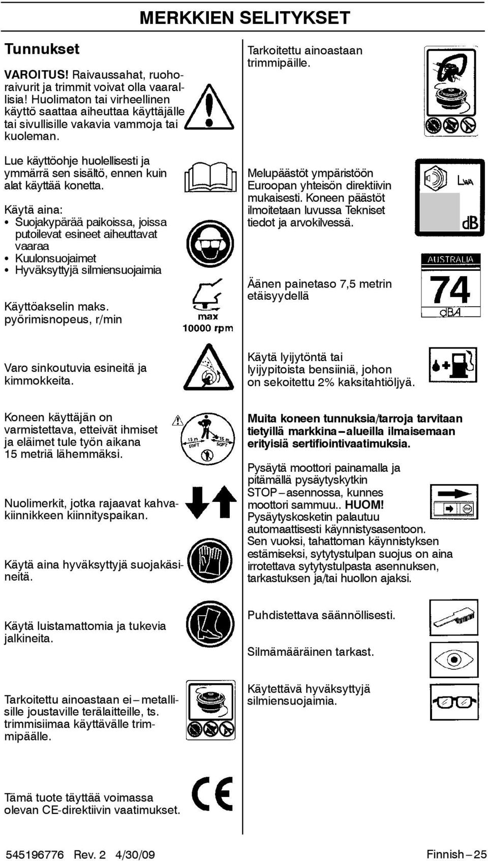 Käytä aina: S Suojakypärää paikoissa, joissa putoilevat esineet aiheuttavat vaaraa S Kuulonsuojaimet S Hyväksyttyjä silmiensuojaimia Käyttöakselin maks.
