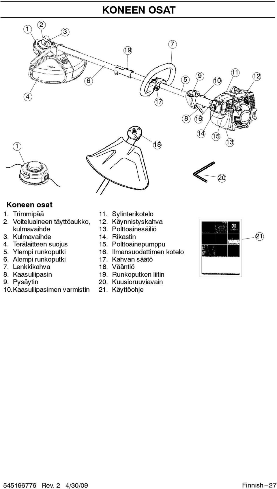 Terälaitteen suojus 15. Polttoainepumppu 5. Ylempi runkoputki 16. Ilmansuodattimen kotelo 6. Alempi runkoputki 17.