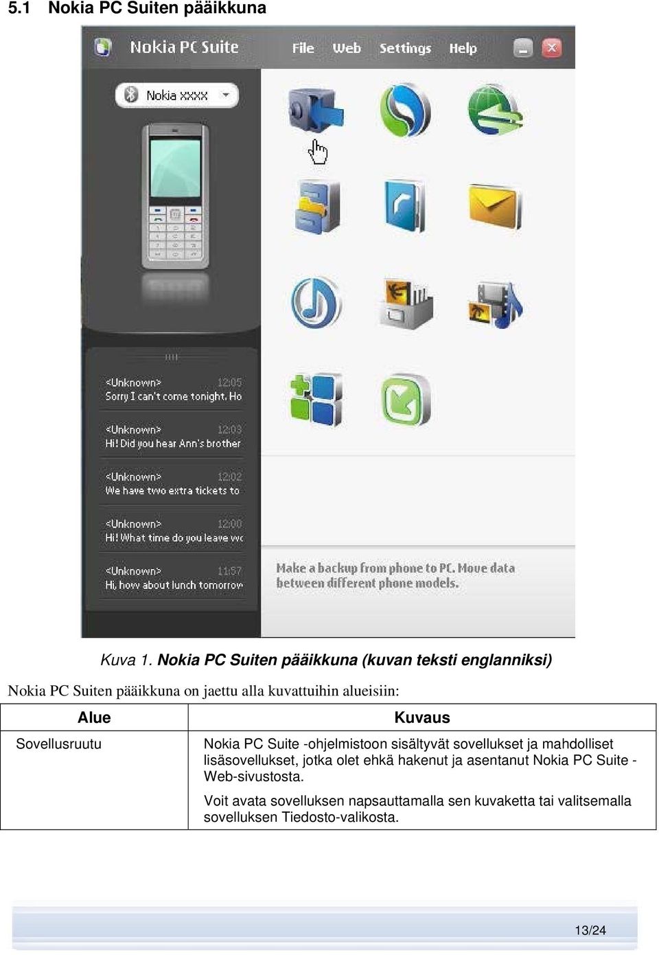 alueisiin: Alue Sovellusruutu Kuvaus Nokia PC Suite -ohjelmistoon sisältyvät sovellukset ja mahdolliset