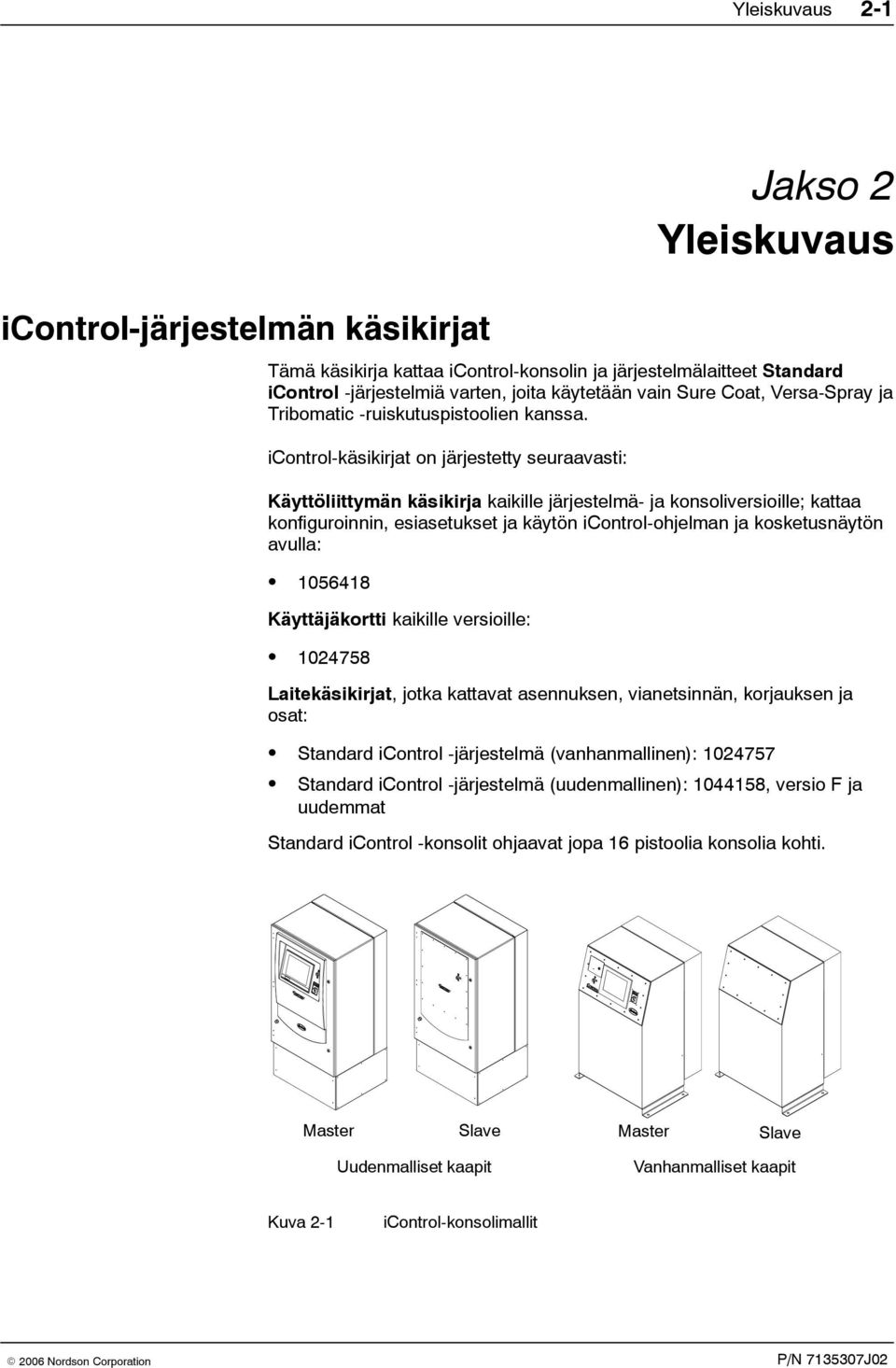 icontrol-käsikirjat on järjestetty seuraavasti: Käyttöliittymän käsikirja kaikille järjestelmä- ja konsoliversioille; kattaa konfiguroinnin, esiasetukset ja käytön icontrol-ohjelman ja kosketusnäytön