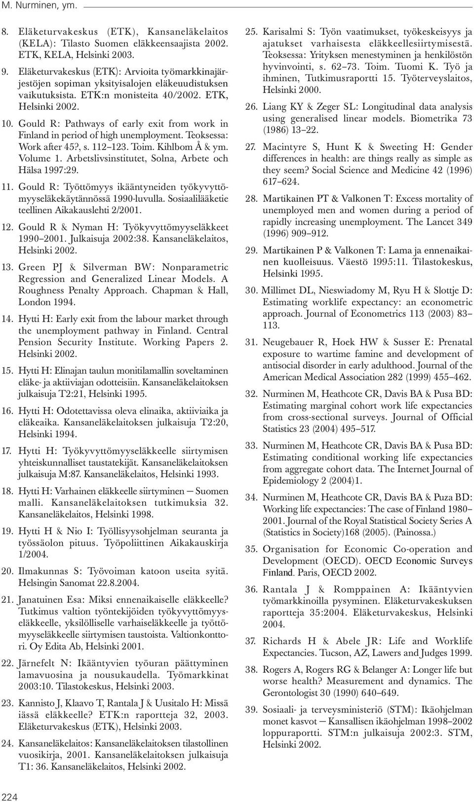 Gould R: Pathways of early exit from work in Finland in period of high unemployment. Teoksessa: Work after 45?, s. 112 123. Toim. Kihlbom Å & ym. Volume 1.