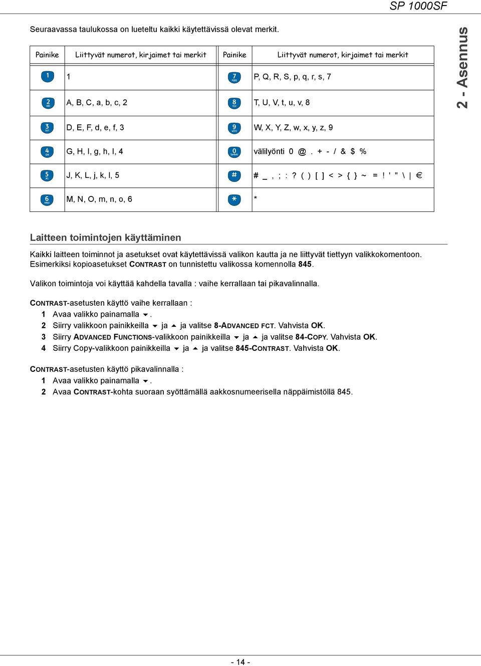 X, Y, Z, w, x, y, z, 9 G, H, I, g, h, I, 4 välilyönti 0 @. + - / & $ % J, K, L, j, k, l, 5 # _, ; :? ( ) [ ] < > { } ~ =!