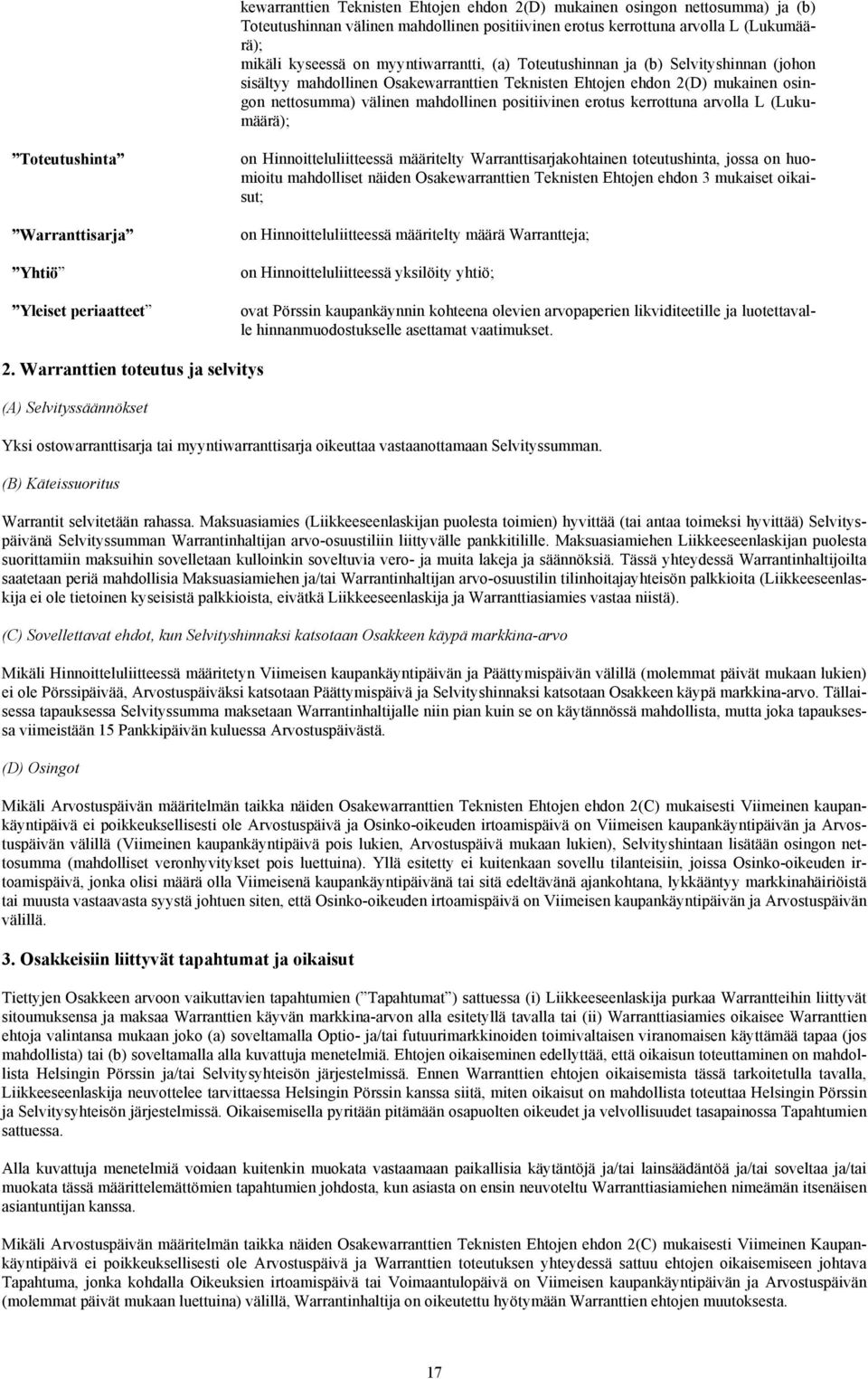 erotus kerrottuna arvolla L (Lukumäärä); Toteutushinta Warranttisarja Yhtiö Yleiset periaatteet on Hinnoitteluliitteessä määritelty Warranttisarjakohtainen toteutushinta, jossa on huomioitu