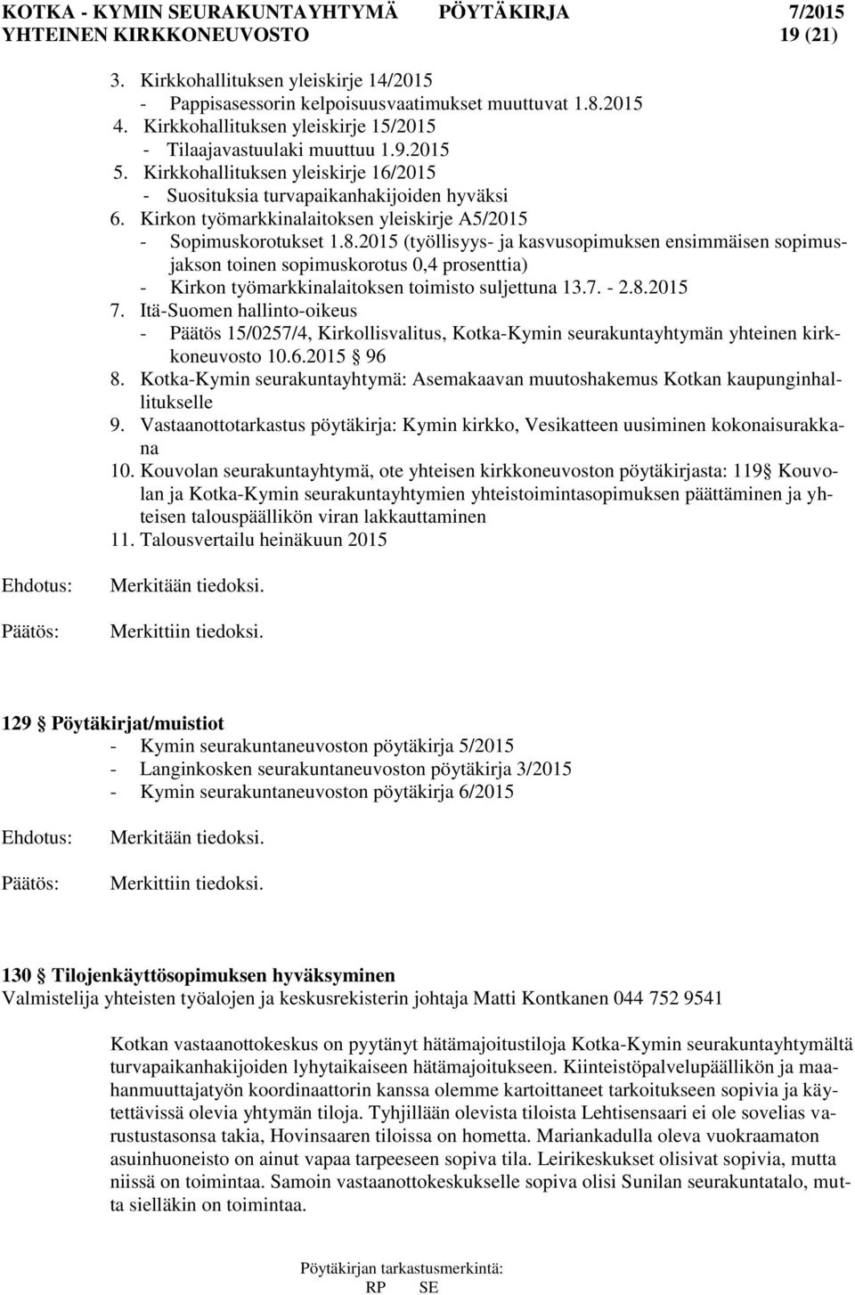 Kirkon työmarkkinalaitoksen yleiskirje A5/2015 - Sopimuskorotukset 1.8.