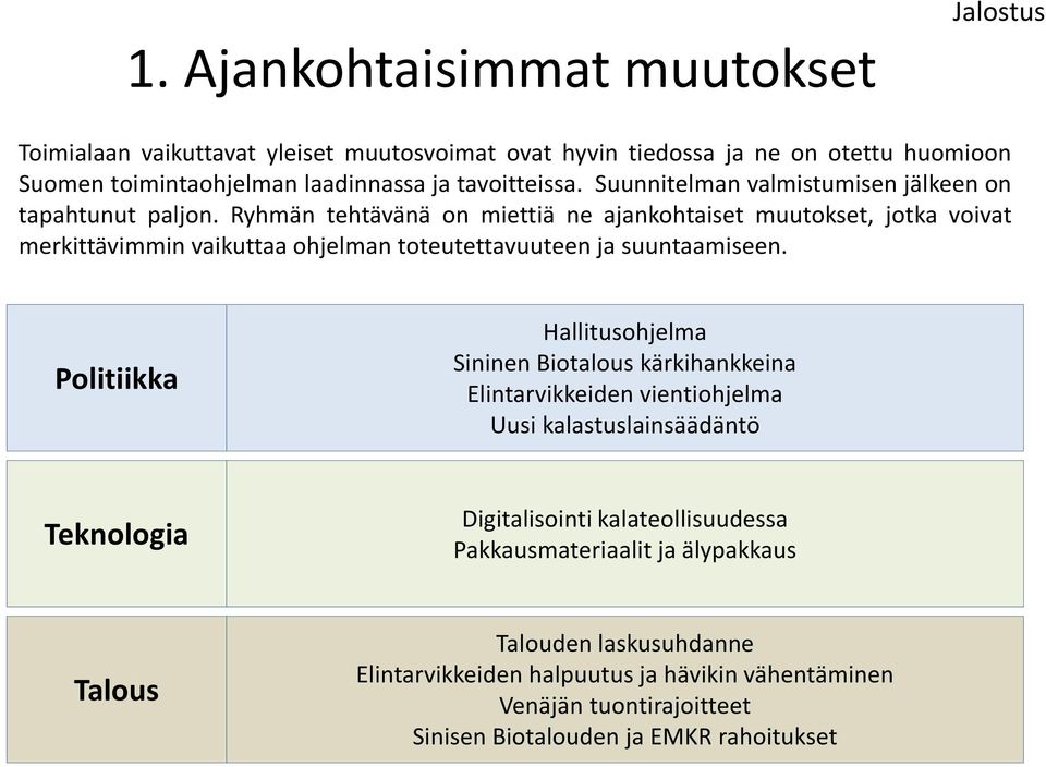 Ryhmän tehtävänä on miettiä ne ajankohtaiset muutokset, jotka voivat merkittävimmin vaikuttaa ohjelman toteutettavuuteen ja suuntaamiseen.