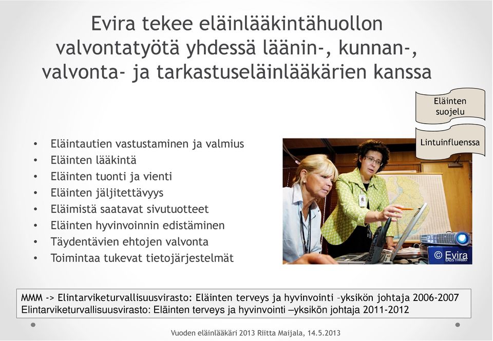 Eläinten hyvinvoinnin edistäminen Lintuinfluenssa Täydentävien ehtojen valvonta Toimintaa tukevat tietojärjestelmät Evira MMM ->