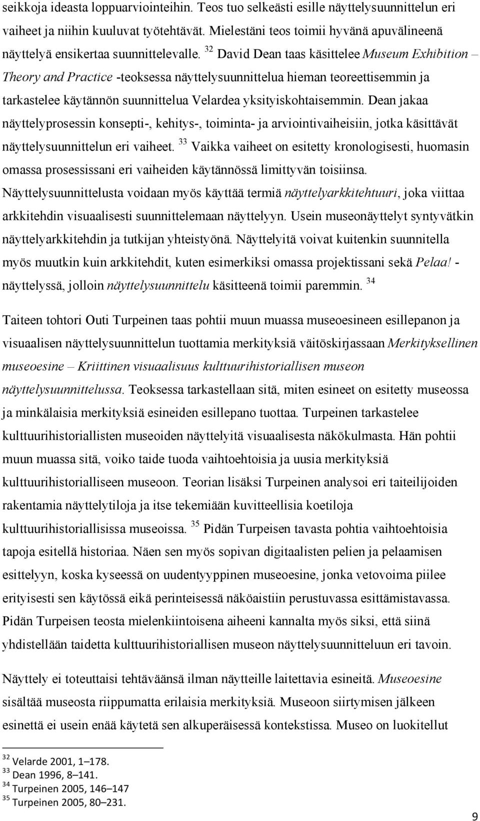 32 David Dean taas käsittelee Museum Exhibition Theory and Practice -teoksessa näyttelysuunnittelua hieman teoreettisemmin ja tarkastelee käytännön suunnittelua Velardea yksityiskohtaisemmin.