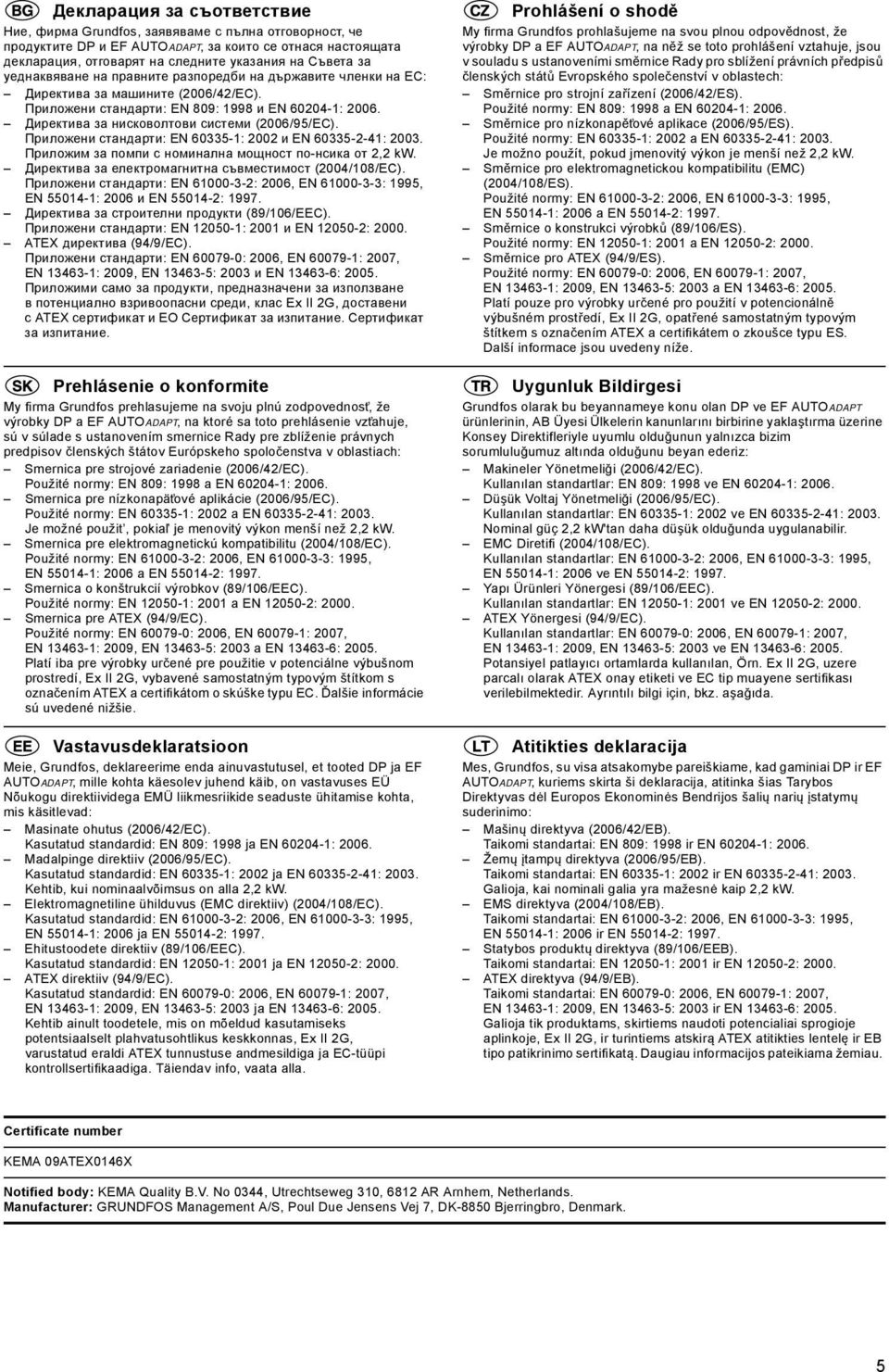 Приложени стандарти: EN 60335-1: 2002 и EN 60335-2-41: 2003. Приложим за помпи с номинална мощност по-нсика от 2,2 kw. Директива за електромагнитна съвместимост (2004/108/EC).