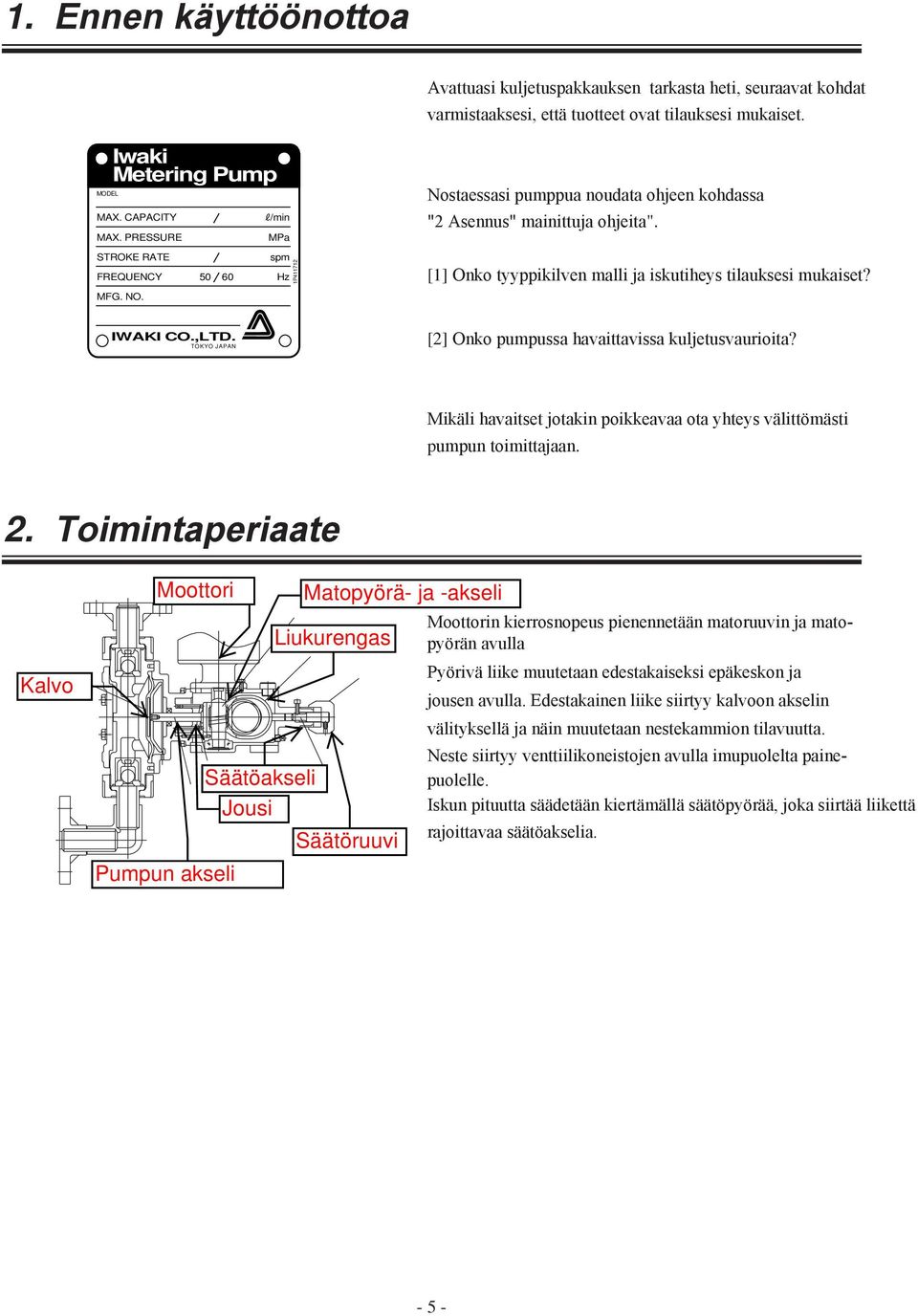 [1] Onko tyyppikilven malli ja iskutiheys tilauksesi mukaiset? IWAKI CO.,LTD. TOKYO JAPAN [2] Onko pumpussa havaittavissa kuljetusvaurioita?