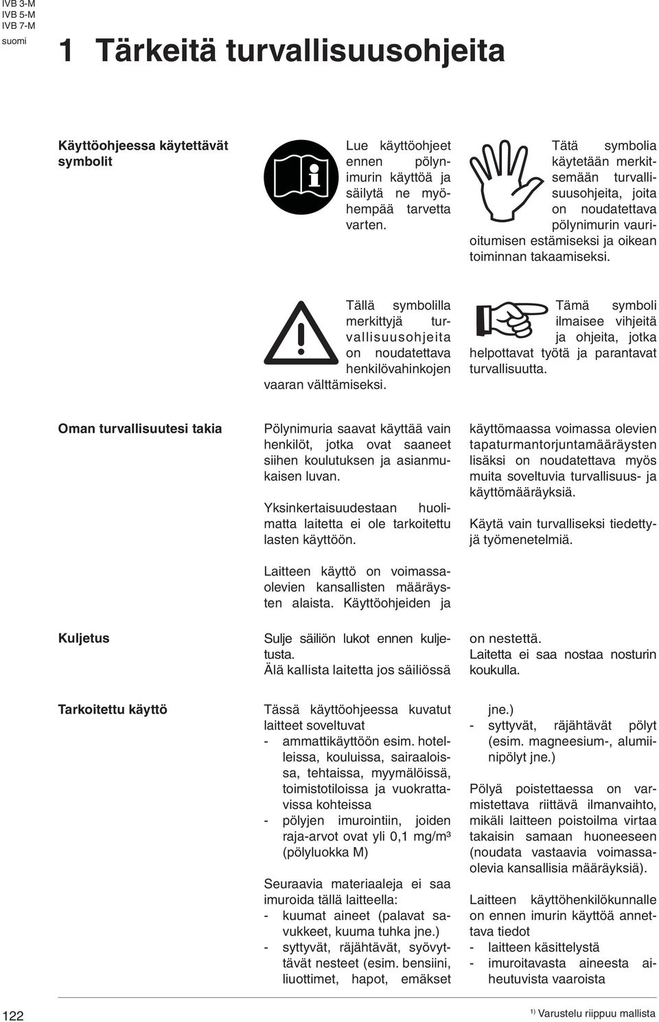 Tällä symbolilla merkittyjä turvallisuusohjeita on noudatettava henkilövahinkojen vaaran välttämiseksi. Tämä symboli ilmaisee vihjeitä ja ohjeita, jotka helpottavat työtä ja parantavat turvallisuutta.