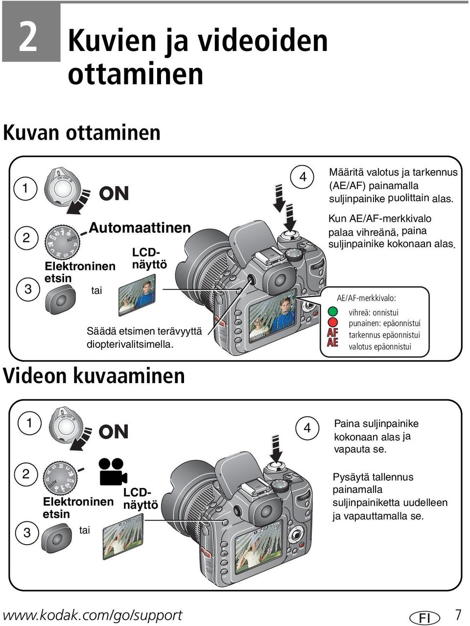 Kun AE/AF-merkkivalo palaa vihreänä, paina suljinpainike kokonaan alas.