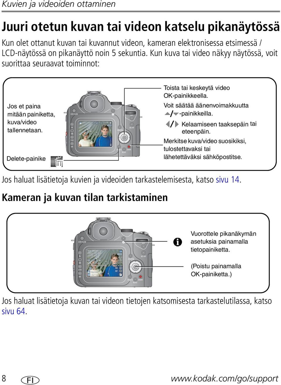 Voit säätää äänenvoimakkuutta -painikkeilla. Kelaamiseen taaksepäin tai eteenpäin. Merkitse kuva/video suosikiksi, tulostettavaksi tai lähetettäväksi sähköpostitse.