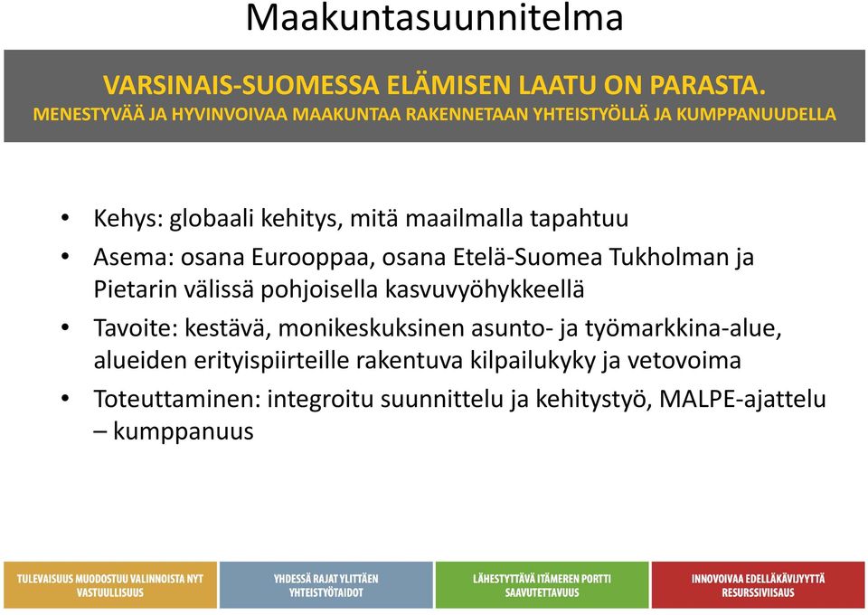 tapahtuu Asema: osana Eurooppaa, osana Etelä Suomea Tukholman ja Pietarin välissä pohjoisella kasvuvyöhykkeellä Tavoite: