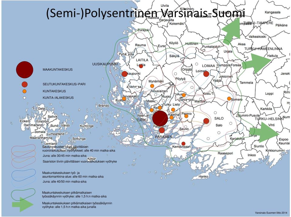 tiiviin päivittäisen vuorovaikutuksen vyöhyke Maakuntakeskuksen työ- ja asuntomarkkina-alue: alle 60 min matka-aika Juna: alle 40/50 min matka-aika Maakuntakeskuksen