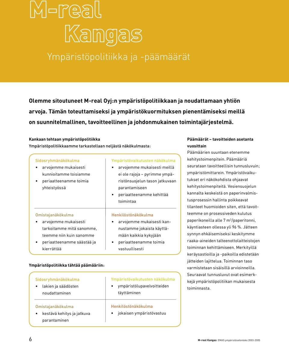 Kankaan tehtaan ympäristöpolitiikka Ympäristöpolitiikkaamme tarkastellaan neljästä näkökulmasta: Sidosryhmänäkökulma Ympäristövaikutusten näkökulma arvojemme mukaisesti kunnioitamme toisiamme