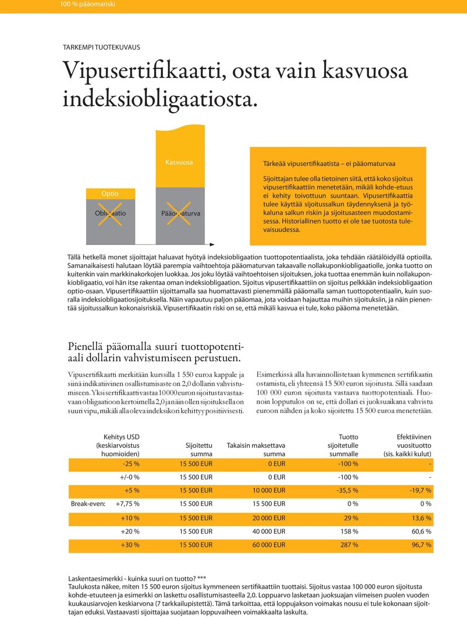 kehity toivottuun suuntaan. Vipusertifikaattia tulee käyttää sijoitussalkun täydennyksenä ja työkaluna salkun riskin ja sijoitusasteen muodostamisessa.