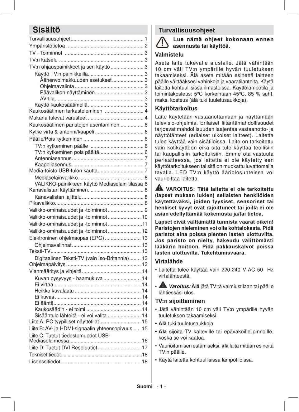 .. 6 Kytke virta & antenni/kaapeli... 6 Päälle/Pois kytkeminen... 6 TV:n kytkeminen päälle... 6 TV:n kytkeminen pois päältä... 6 Antenniasennus... 7 Kaapeliasennus... 7 Media-toisto USB-tulon kautta.