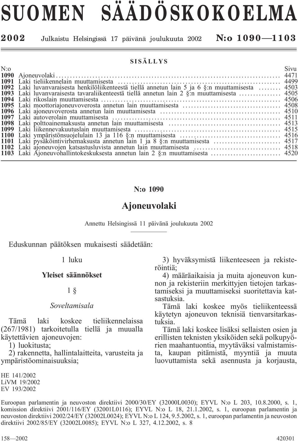 .. 4505 1094 Laki rikoslain muuttamisesta... 4506 1095 Laki moottoriajoneuvoverosta annetun lain muuttamisesta... 4508 1096 Laki ajoneuvoverosta annetun lain muuttamisesta.