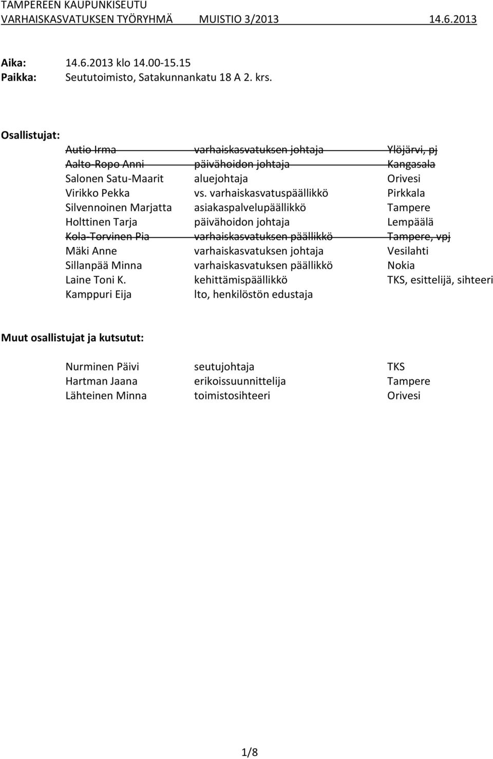 varhaiskasvatuspäällikkö Pirkkala Silvennoinen Marjatta asiakaspalvelupäällikkö Tampere Holttinen Tarja päivähoidon johtaja Lempäälä Kola-Torvinen Pia varhaiskasvatuksen päällikkö Tampere, vpj Mäki