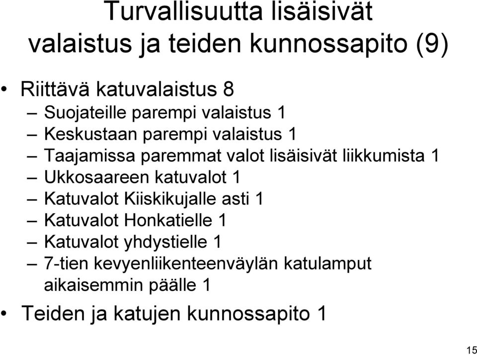 1 Ukkosaareen katuvalot 1 Katuvalot Kiiskikujalle asti 1 Katuvalot Honkatielle 1 Katuvalot