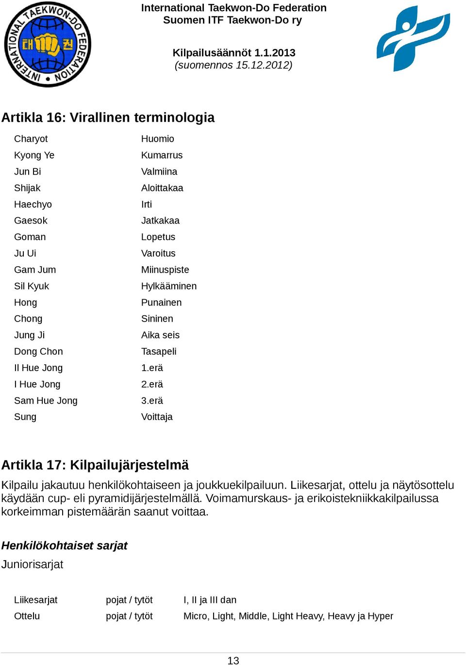 erä Voittaja Artikla 17: Kilpailujärjestelmä Kilpailu jakautuu henkilökohtaiseen ja joukkuekilpailuun. Liikesarjat, ottelu ja näytösottelu käydään cup- eli pyramidijärjestelmällä.