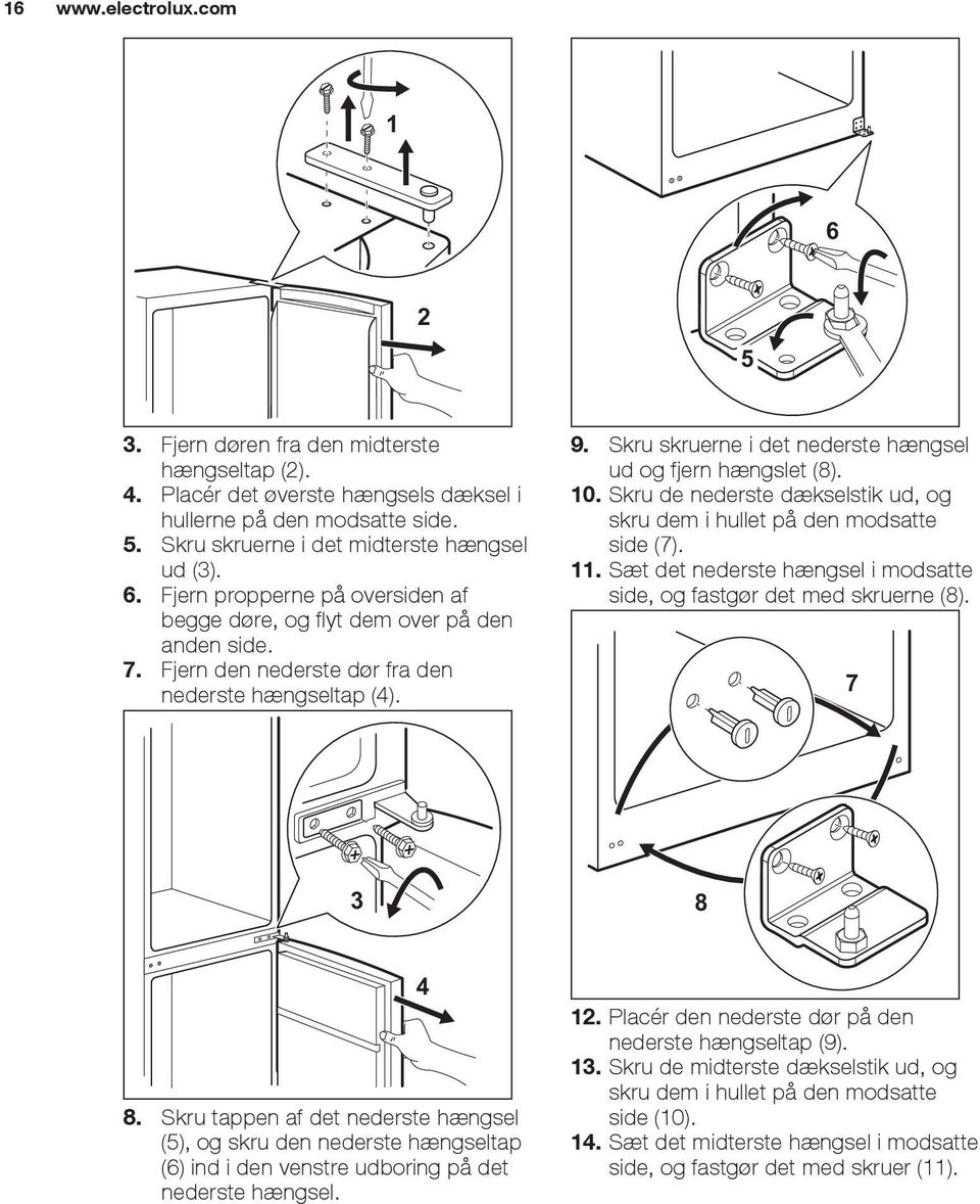 Skru skruerne i det nederste hængsel ud og fjern hængslet (8). 10. Skru de nederste dækselstik ud, og skru dem i hullet på den modsatte side (7). 11.